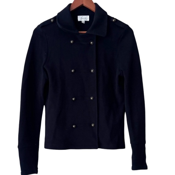 Foxcroft  dark navy bronze button cadet military cropped cotton jacket sweater M - Picture 1 of 5